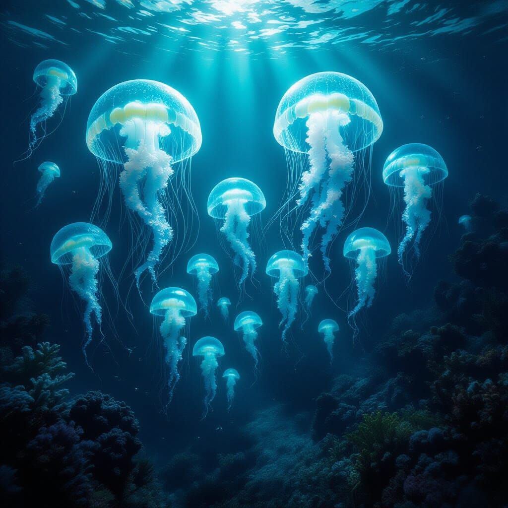 Bioluminescent Jellyfish Forest in Deep Ocean Depths