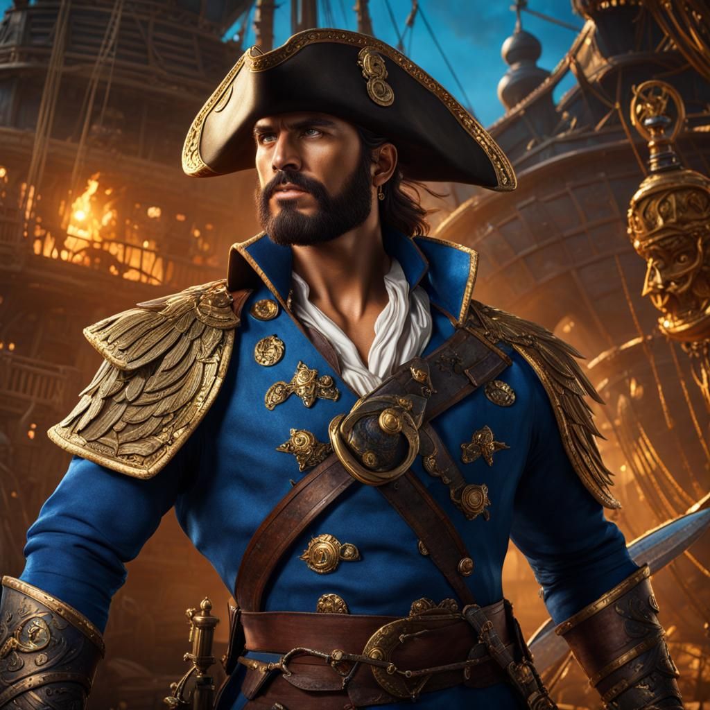 cinematic image of a handsome pirate dressed in blue clothes, muscular frame, (magical pirate sword in hand:1.5) (golden...