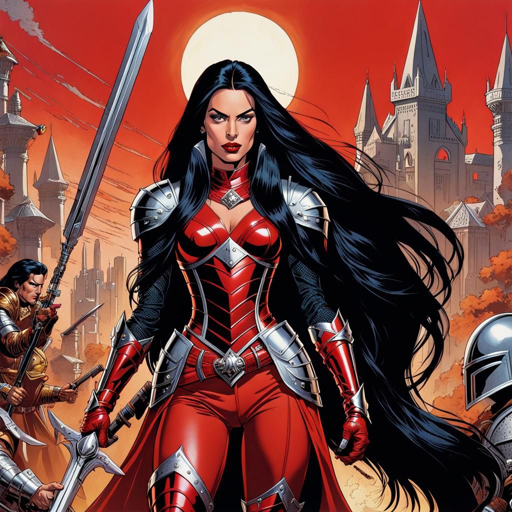 Red-Skinned Woman in Armor, Comic Book Illustration