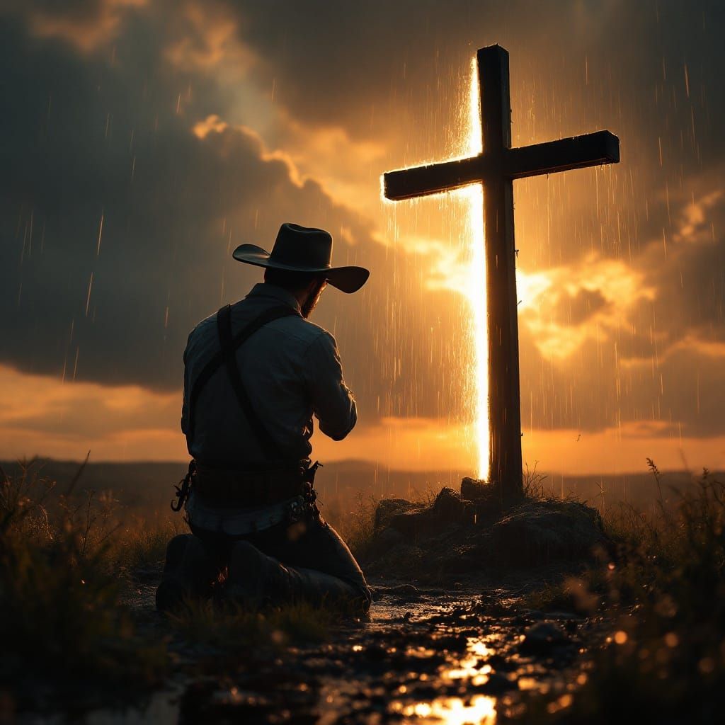 Cowboy Kneeling at Cross During Storm