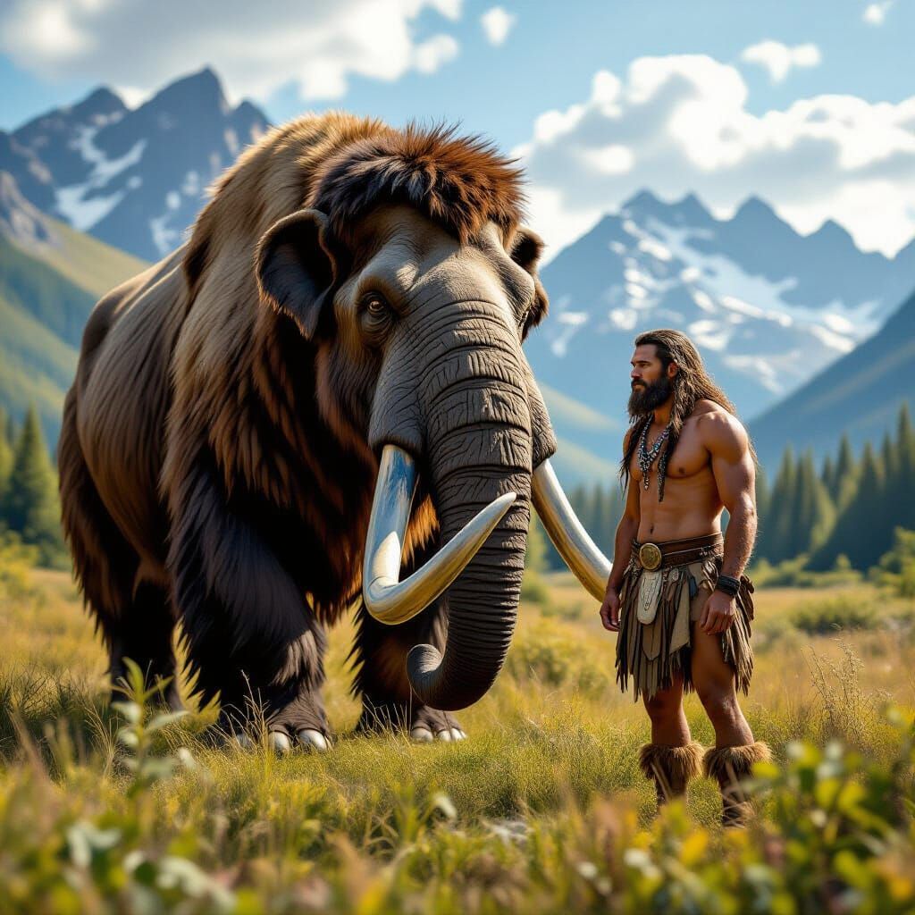 Hyperrealistic Photo of Primitive Man and Mammoth
