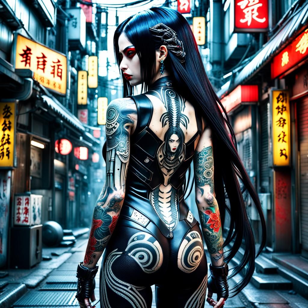 Cyberpunk Woman with Yakuza Tattoo on Hibiya Street