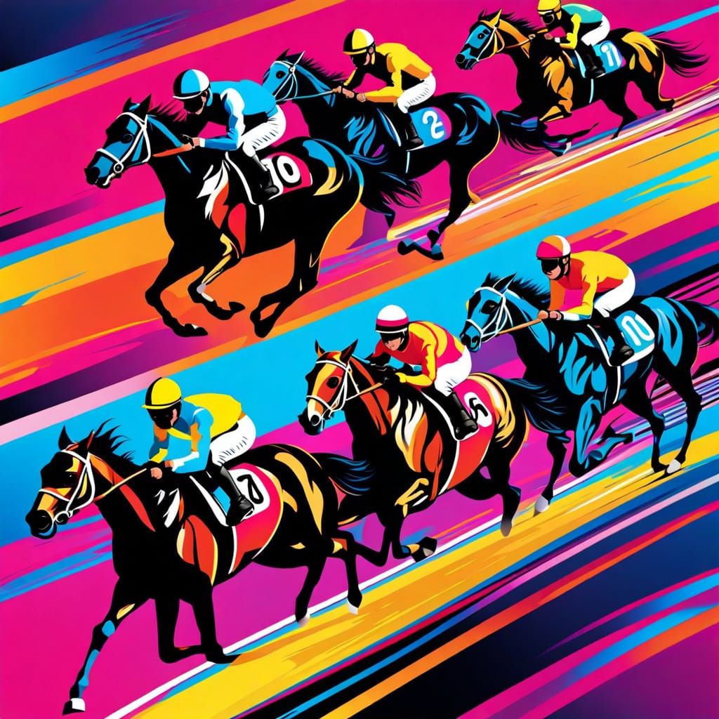 Thrilling Horse Racing Scene in Neon-Lit Cyberpunk Style