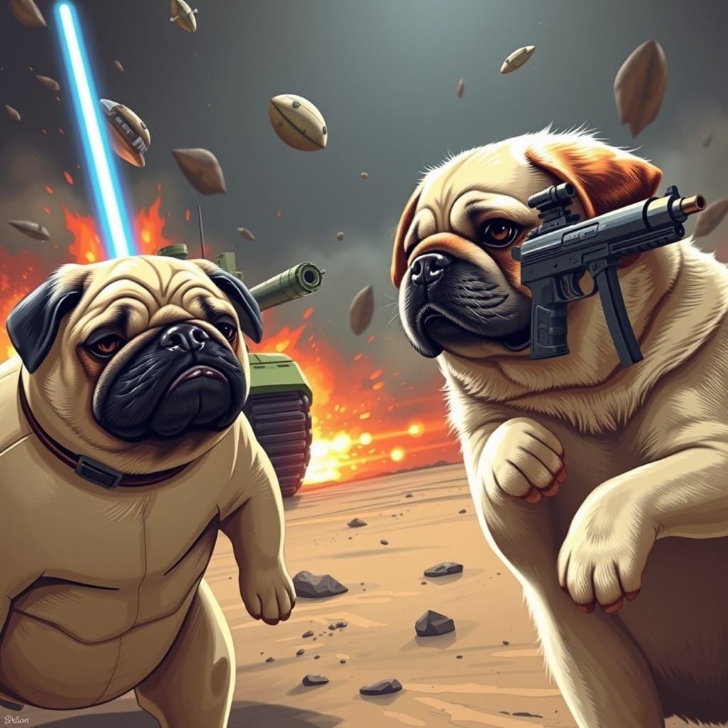 Pug Dogs Wage Cyberpunk War Against Golden Retrievers