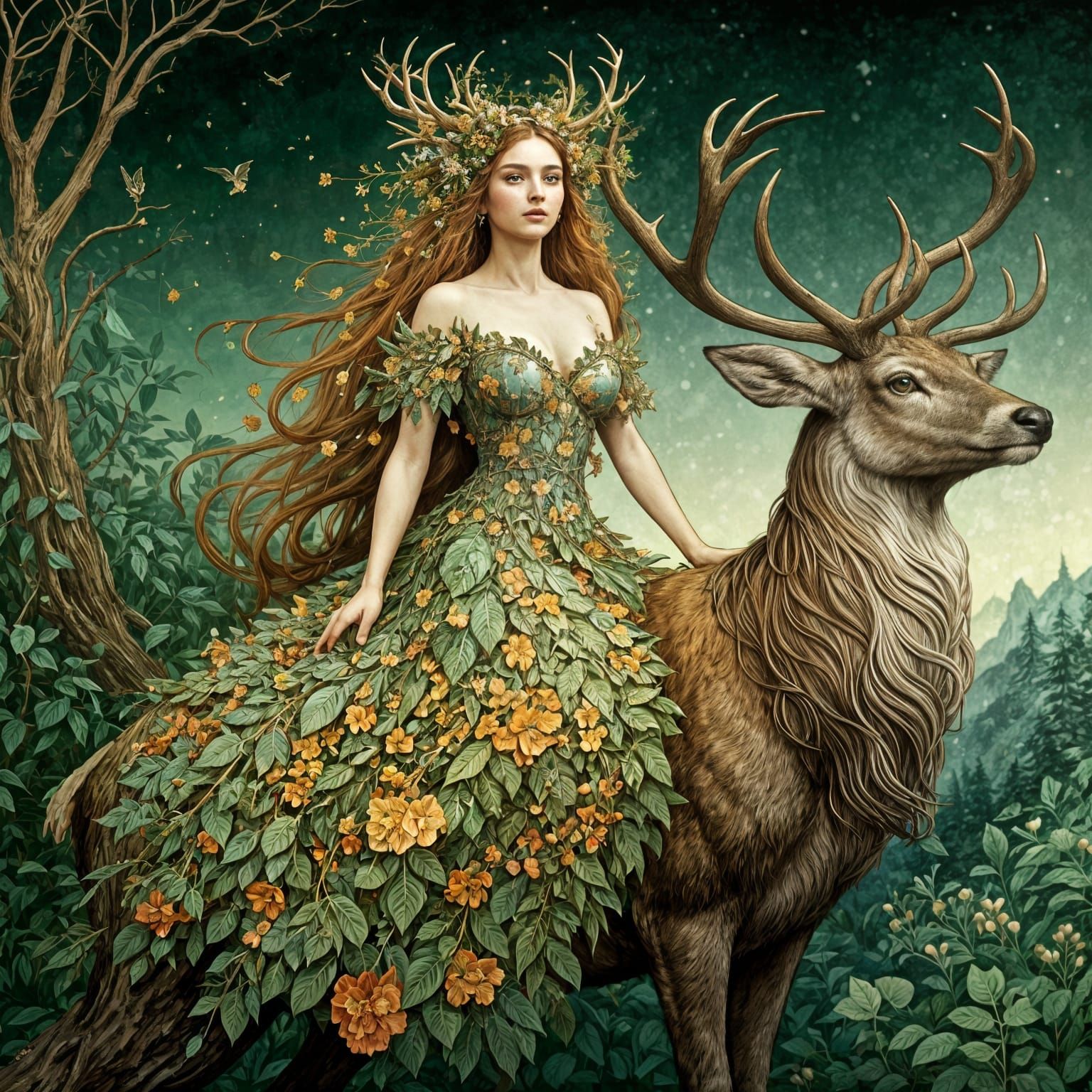 Mythical Woman Riding Reindeer Storybook Illustration