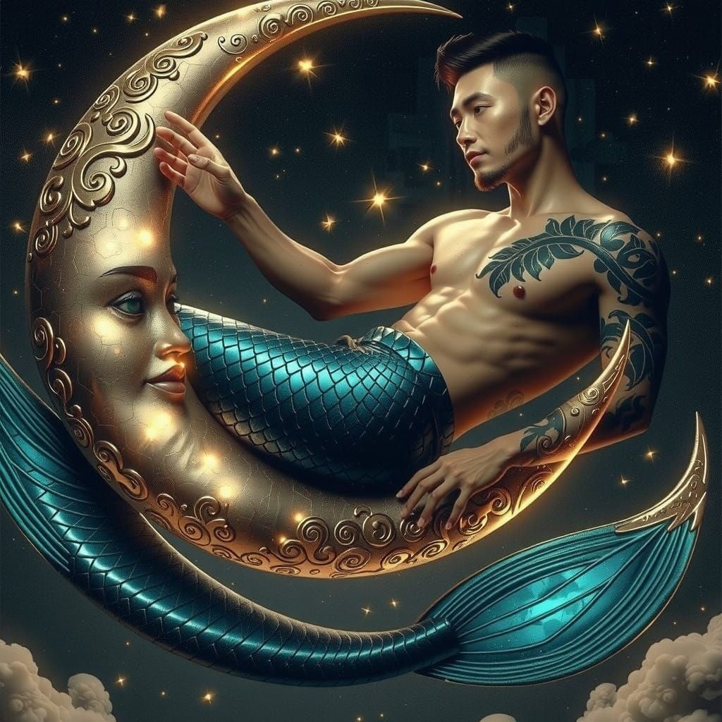 Chinese Merman in Serene Moonlit Pose