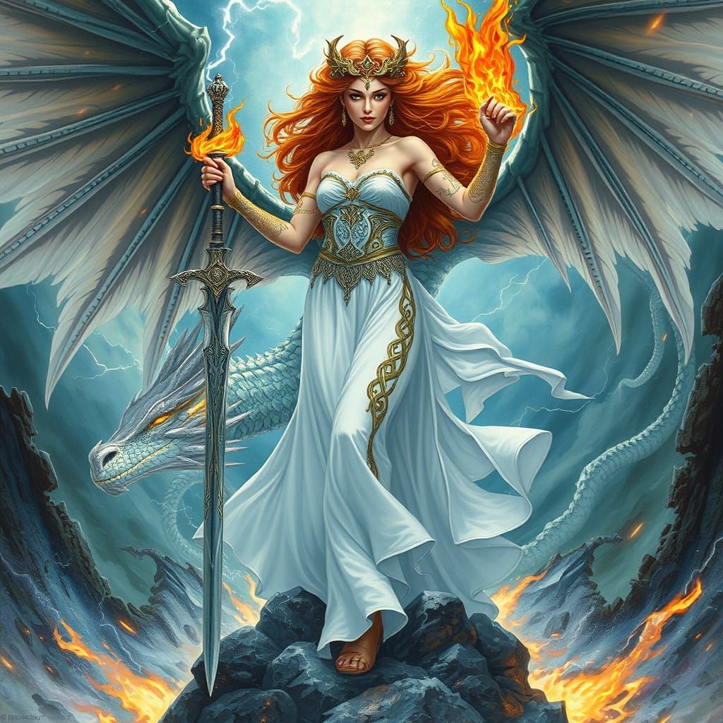 Celtic Sorceress Ascends Above Stormy Magical Vortex in Epic...