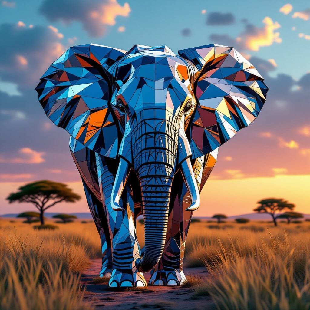 Crystalline Elephant Reflecting African Savanna Scenes