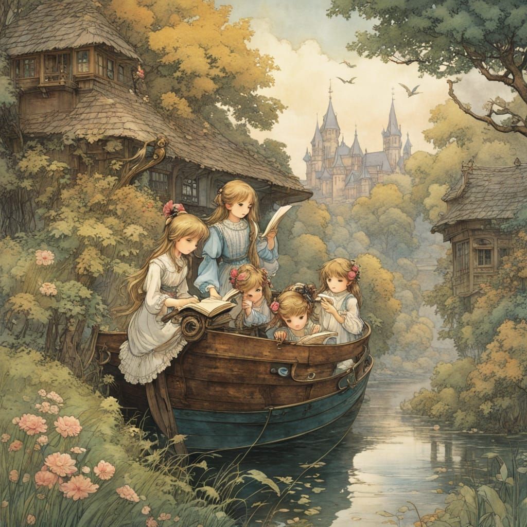 Anime Sisters Reading Book Illustration