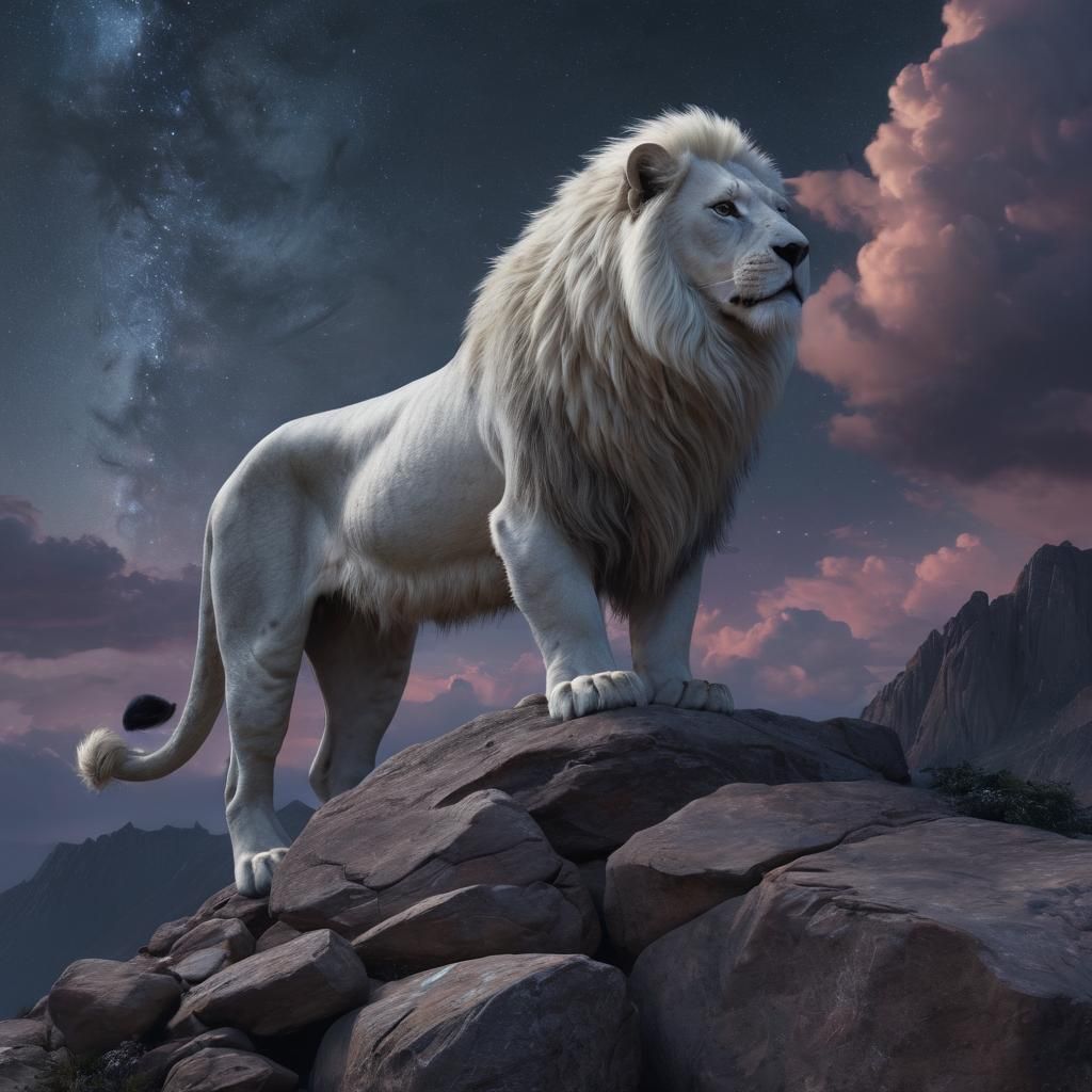 Ethereal White Lion Under Starry Sky