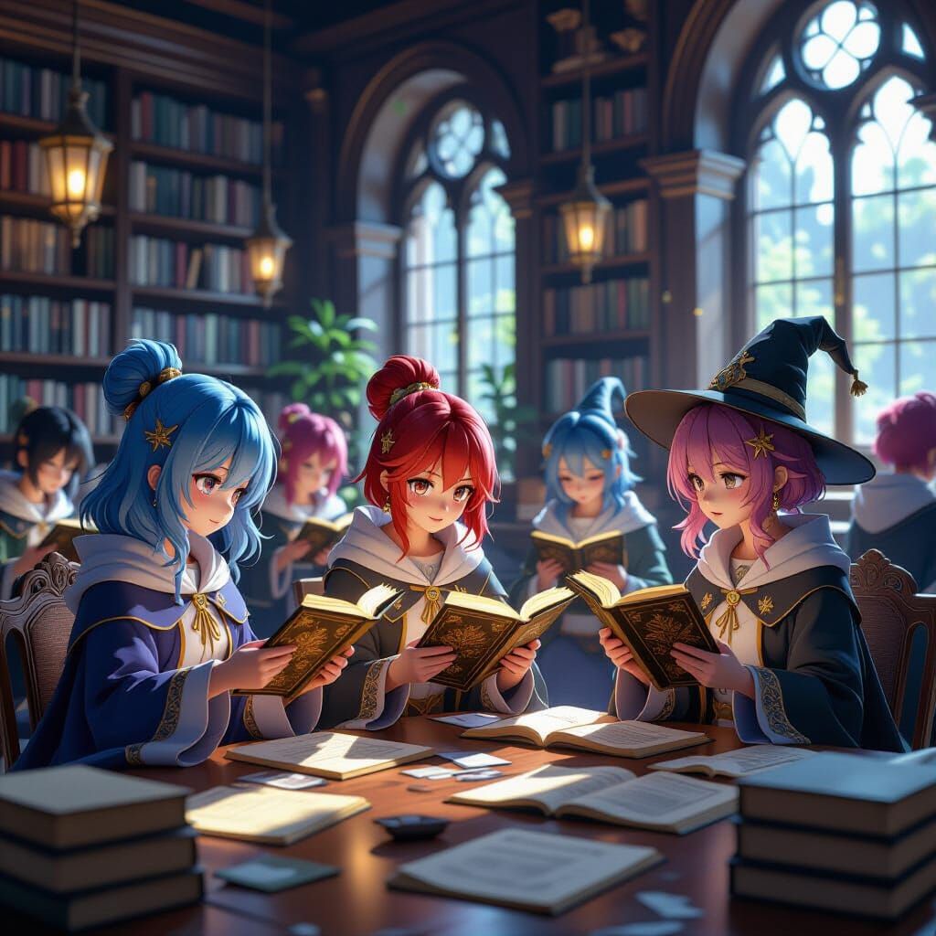 Magic School Students Studying Scrolls in 3D Anime Library