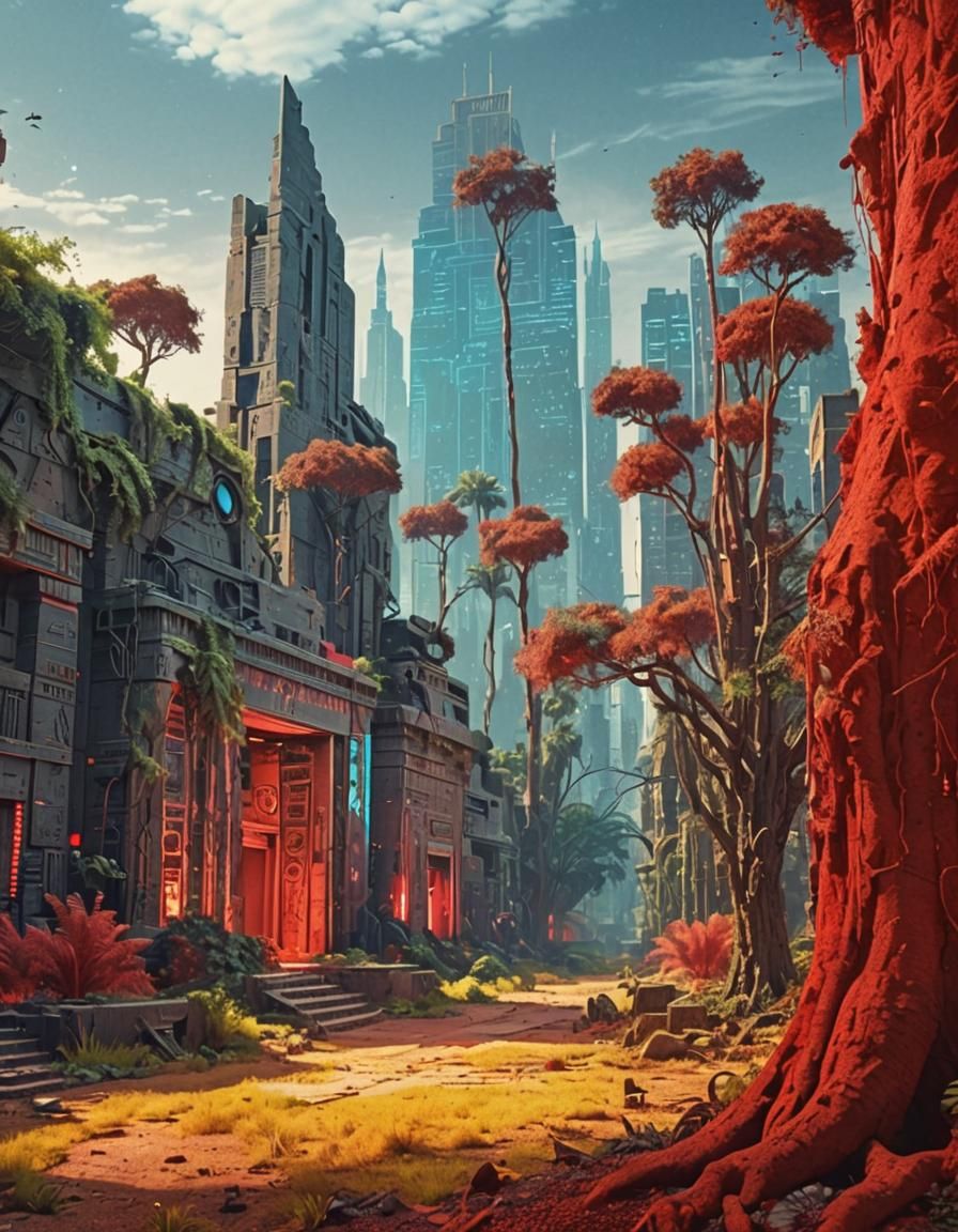 Ancient Metropolis Reborn: Cyberpunk Oasis in Desolate Ruins