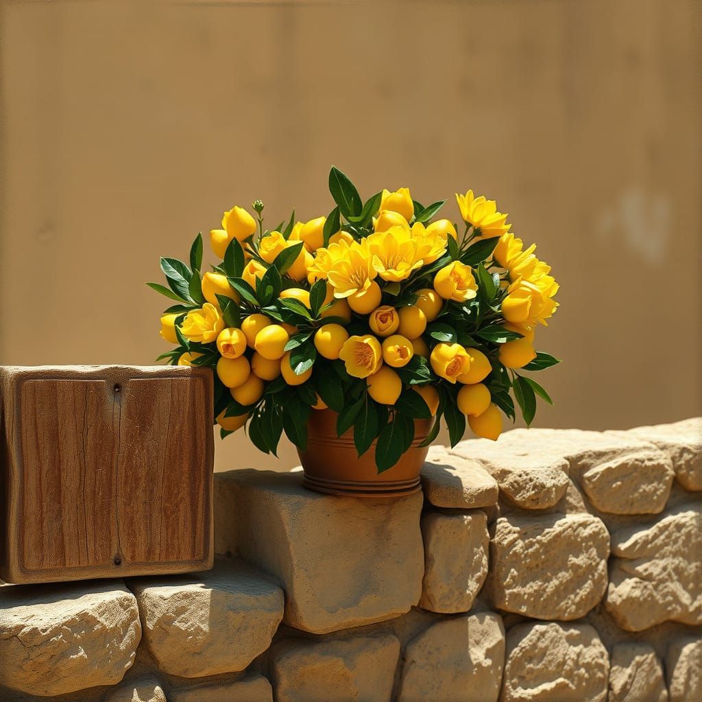 Vibrant Blooming Lemons on Weathered Stone Fence