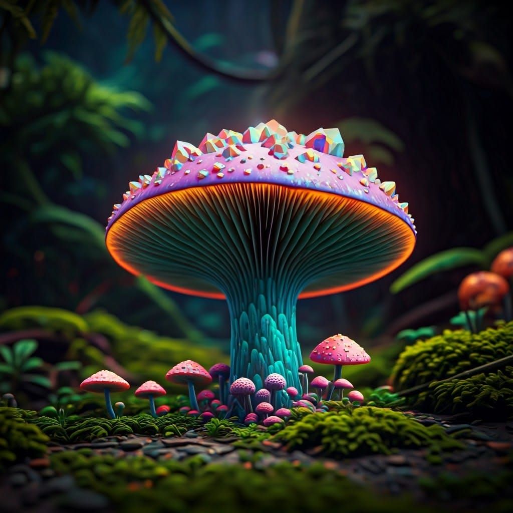 Rainbow Crystals on Iridescent Mushroom, Digital Matte Paint...