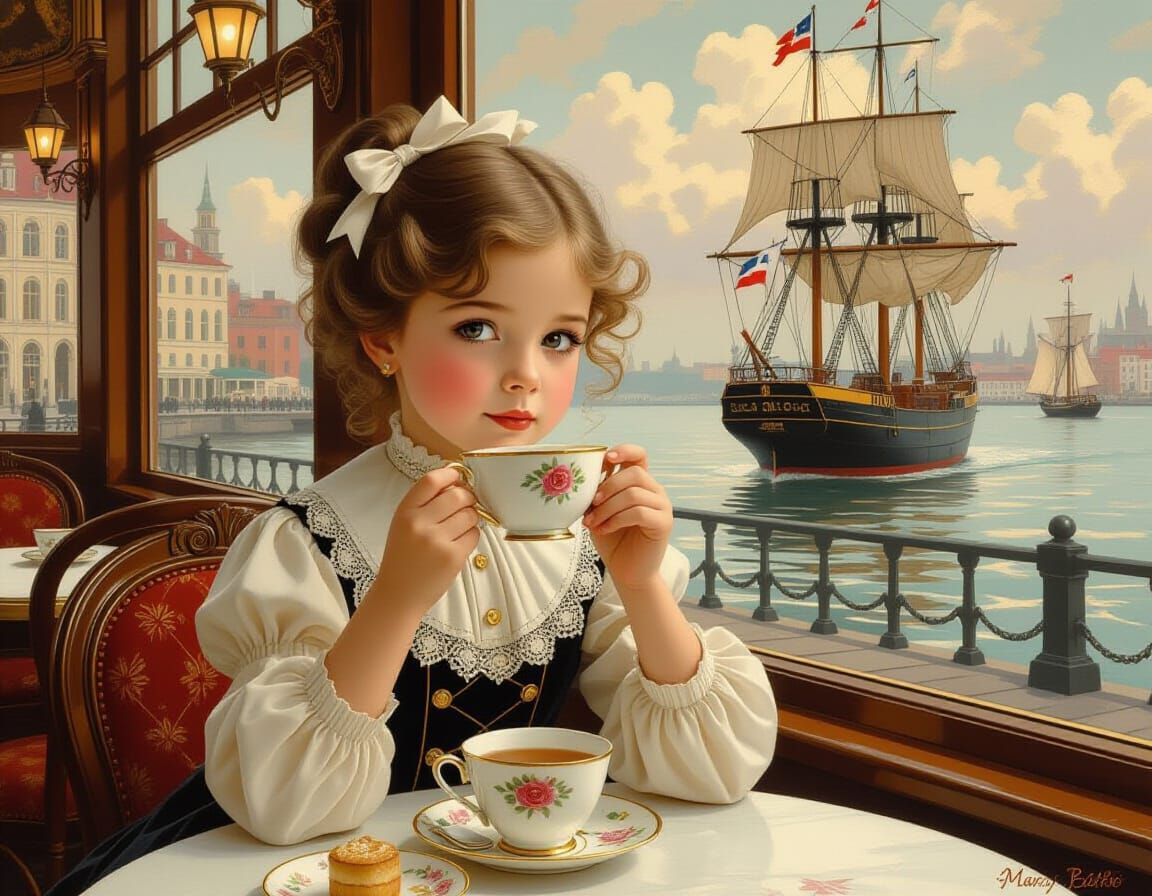 Girl at Cafe with Nautical View, Vintage Art Style
