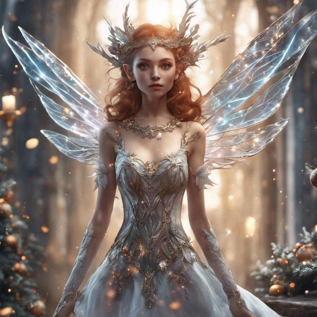 Christmas Elf Fairy with Sparkly Wings, Fantasy Art