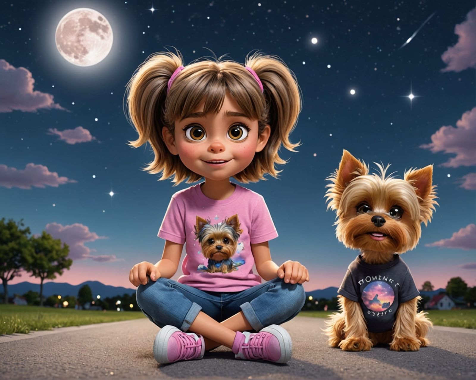 Cartoon Girl with Yorkshire Terrier Under Night Sky