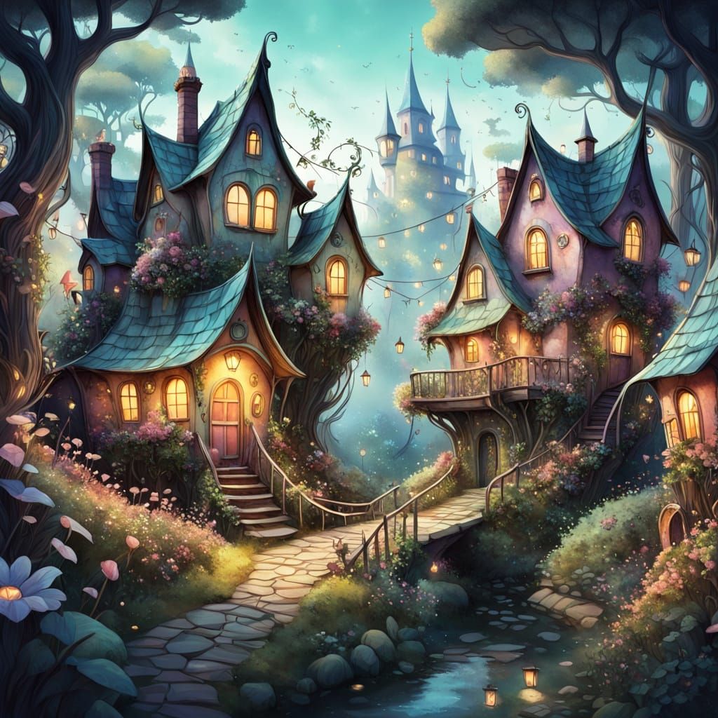 Enchanting Whimsical Fairy Village in Pastel Colors