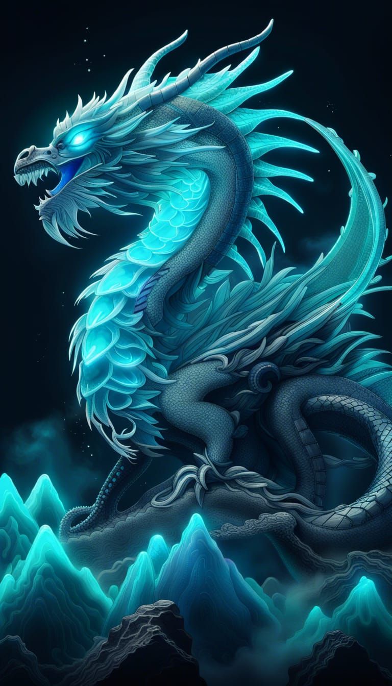 Ethereal Dragon Emerges from Bioluminescent Mountain