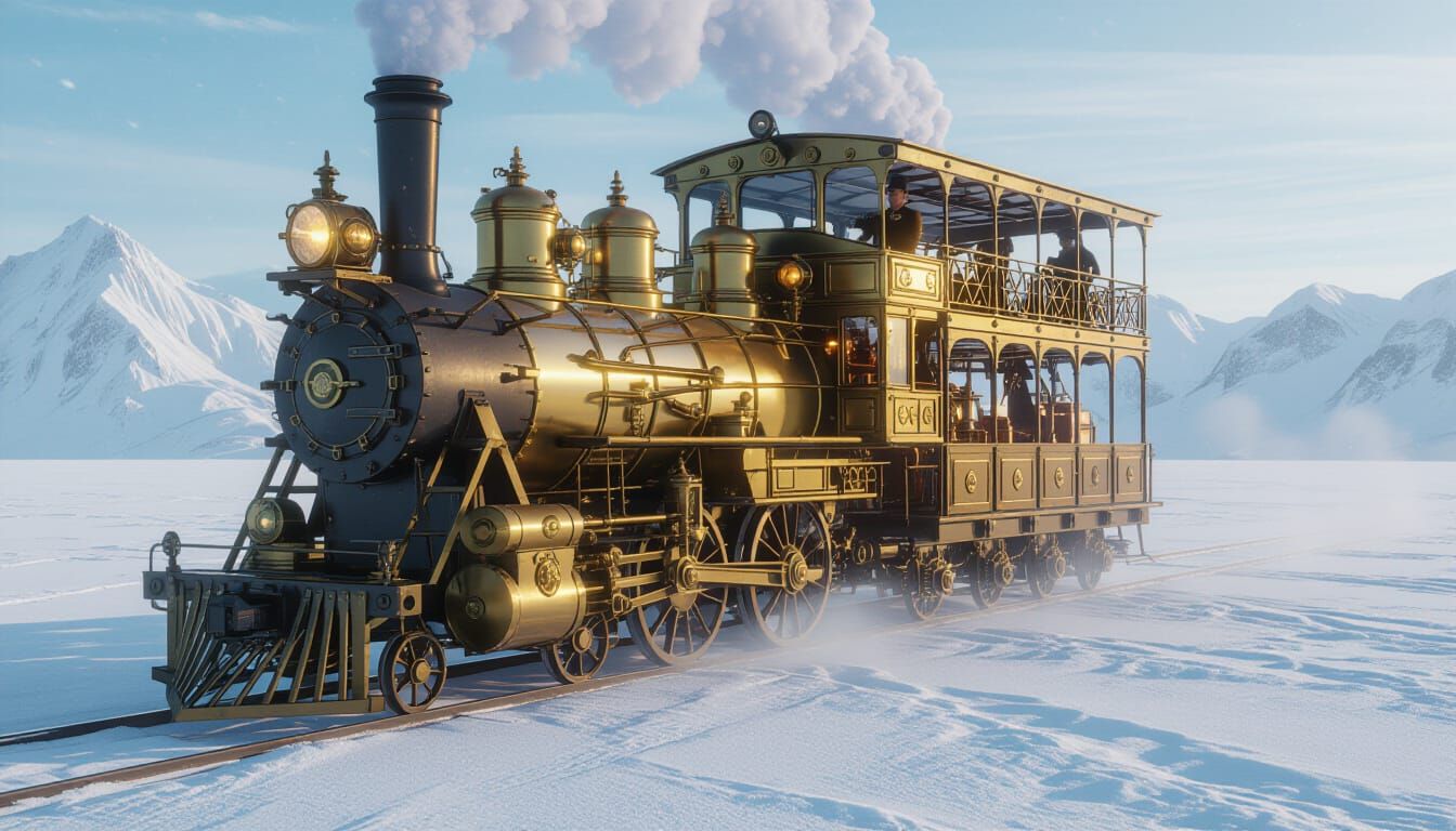 Steampunk Brass Steam Engine Crosses Icy Tundra in Blizzard