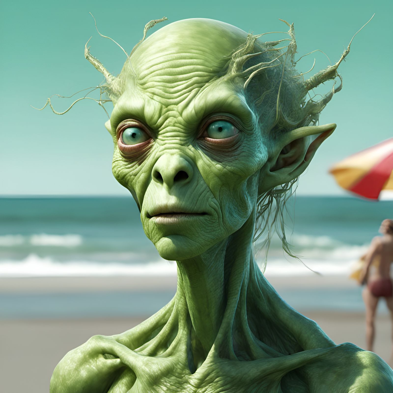 Gorgeous Green Alien Portrait on a Beach