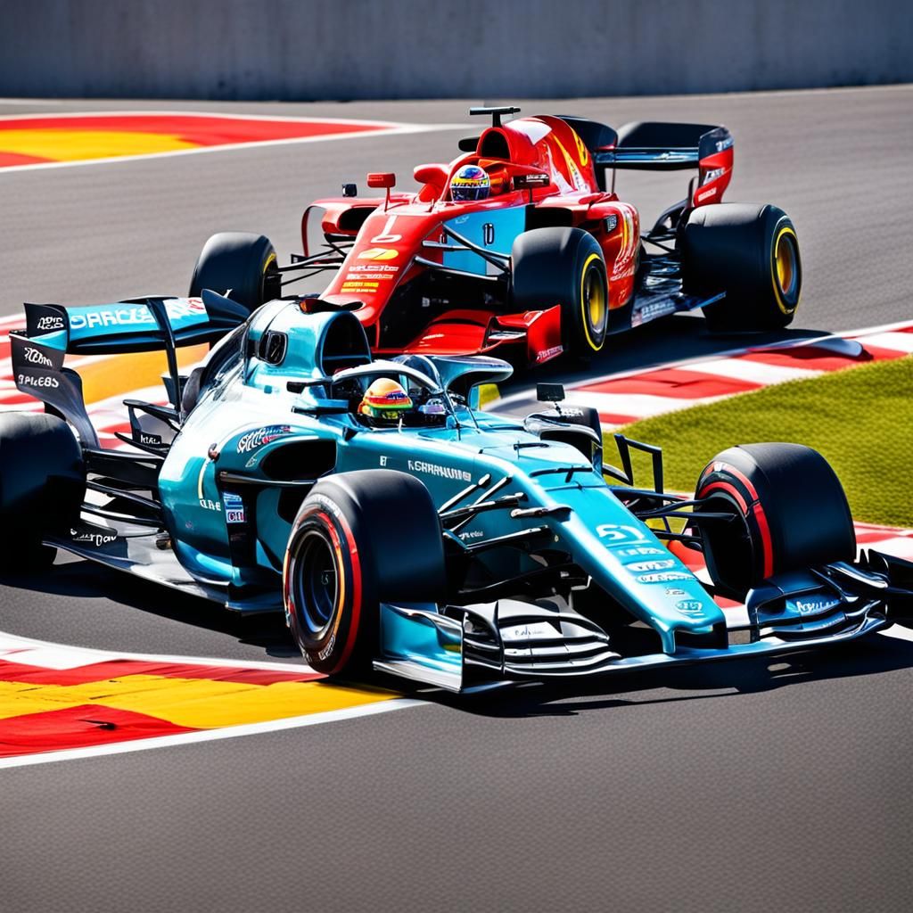 Formula 1 grand prix racing, two cars are fighting for 1 pla...