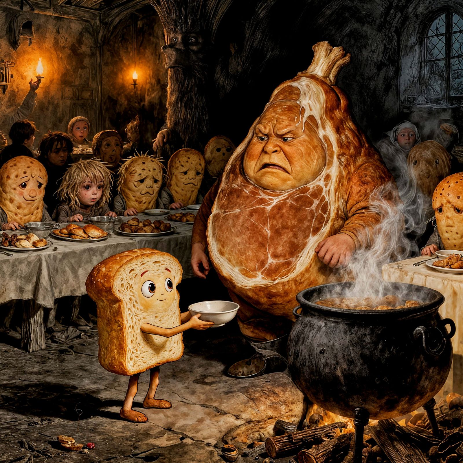Anthropomorphic Bread Boy Begs Fat Ham for Food
