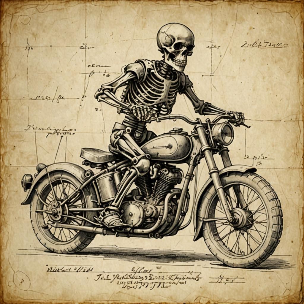 Skeleton on Motorcycle in Da Vinci Style