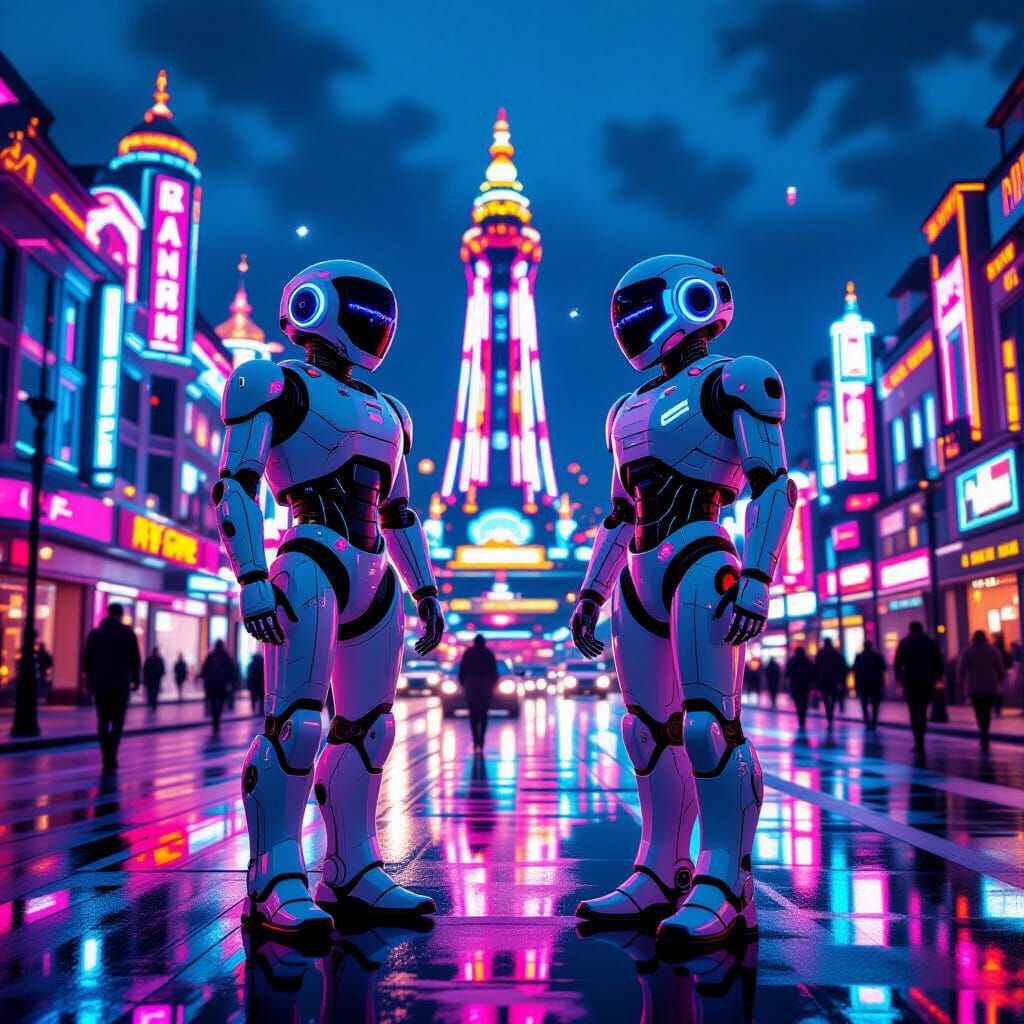 Neon Robots Explore Blackpool Lights in Cyberpunk Style