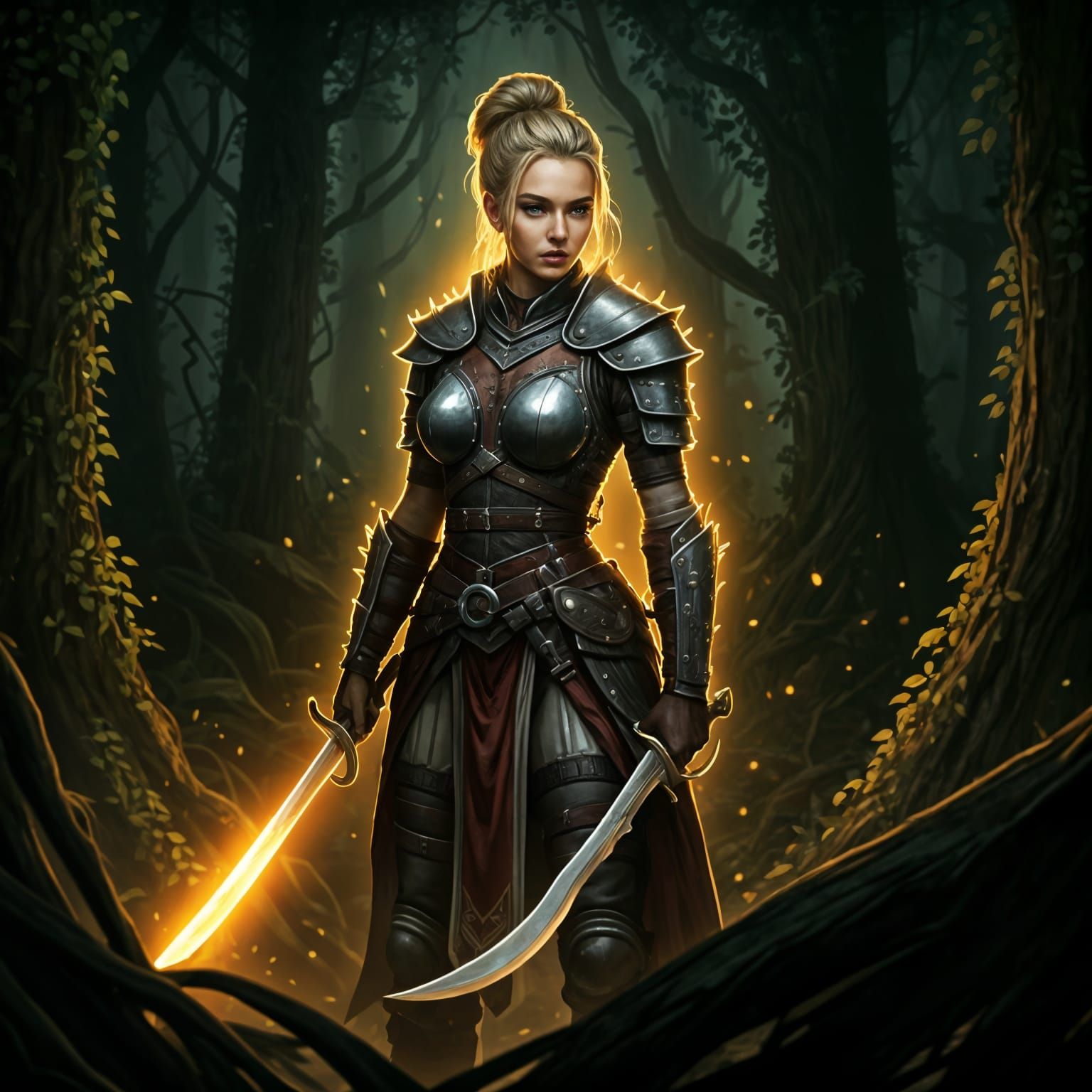 Ethereal Female Warrior in Dark Forest Glows with Golden Aur...