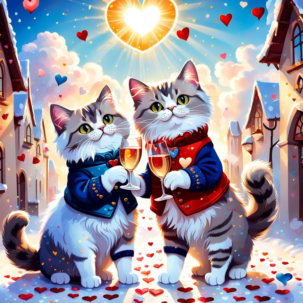 a postcard congratulating to coming Saint Valintine day in bright colours. 2 fluffy cats in festive clothes hold sparkli...