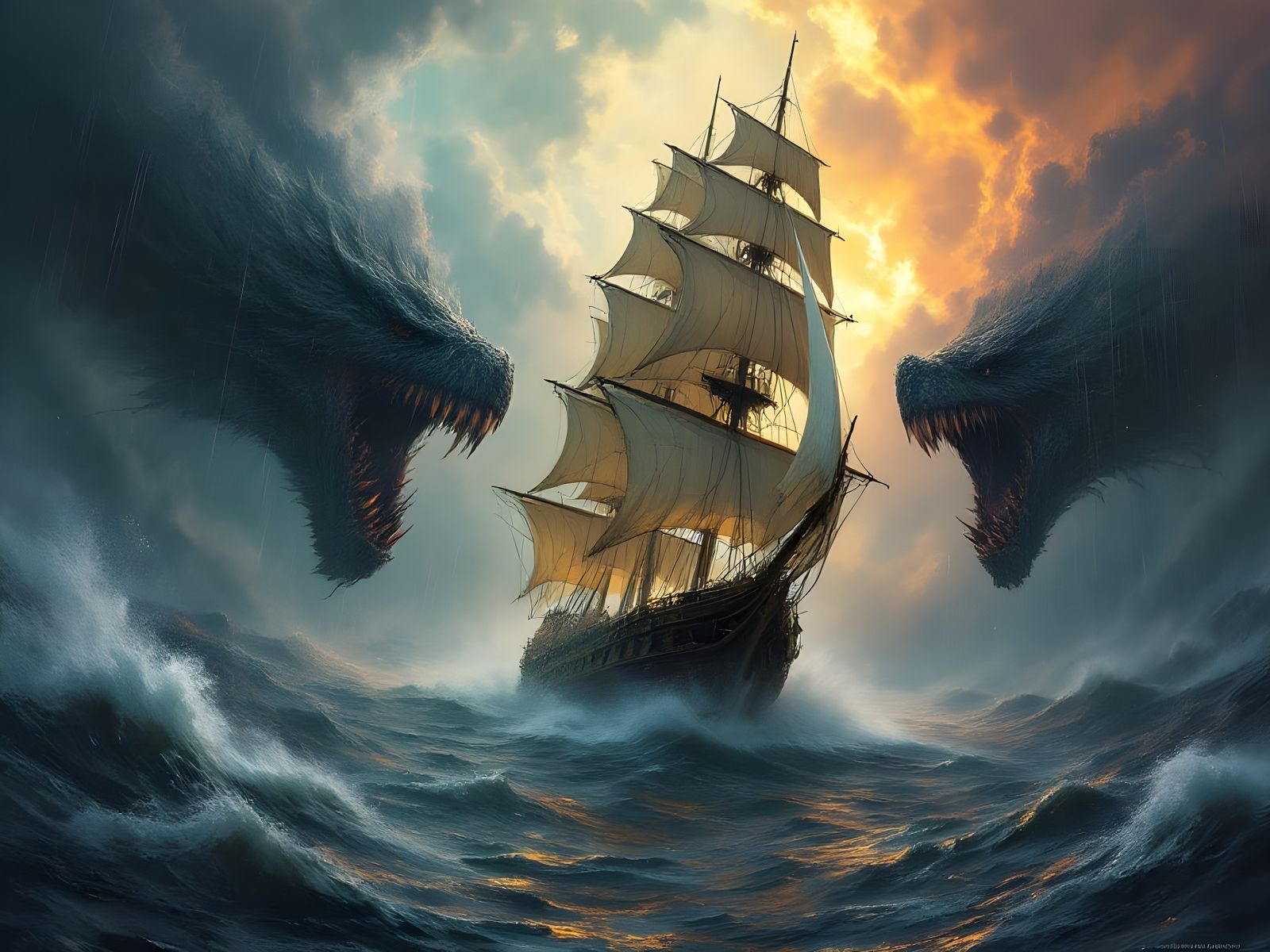 Mythical Monsters Trapped Sailing Ship in Hyperrealistic Sto...