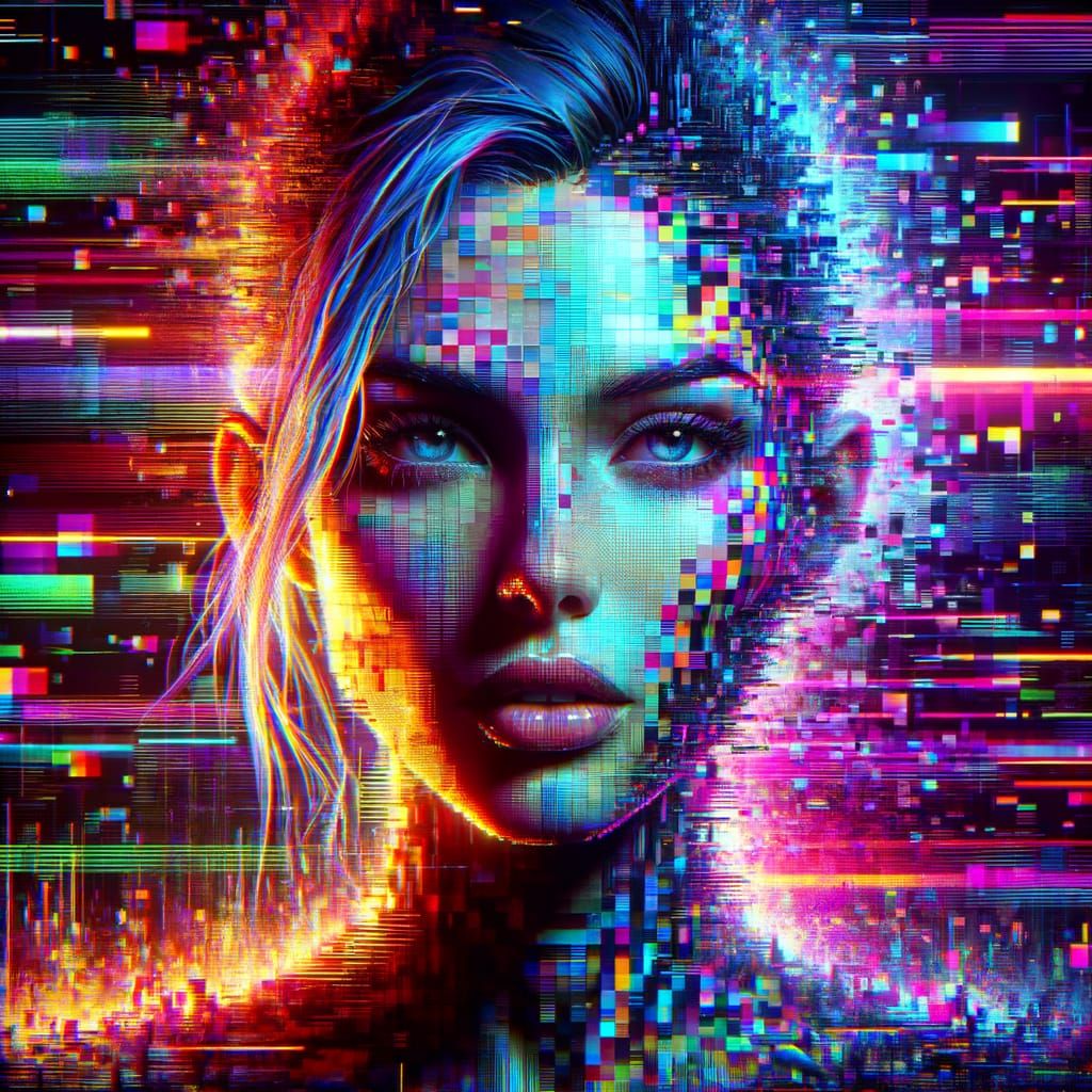 Glitched Cyberpunk Portrait of a Woman in Digital Fragments