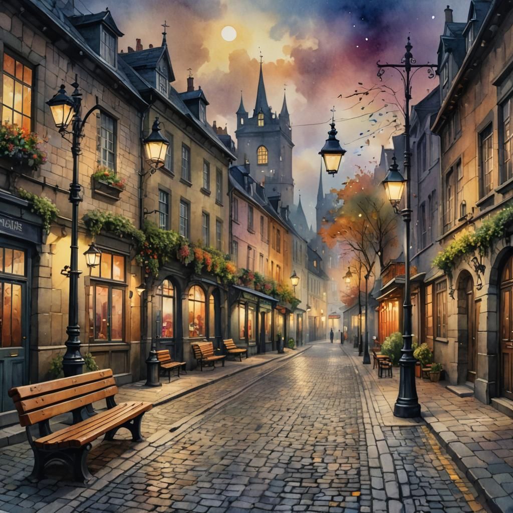 Cobbled Street Scene with Lampposts in Watercolor Style