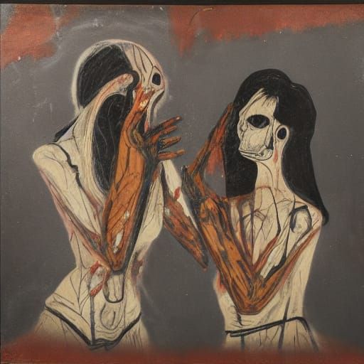 Disturbing Expressionist Scene of Women in Brutal Embrace