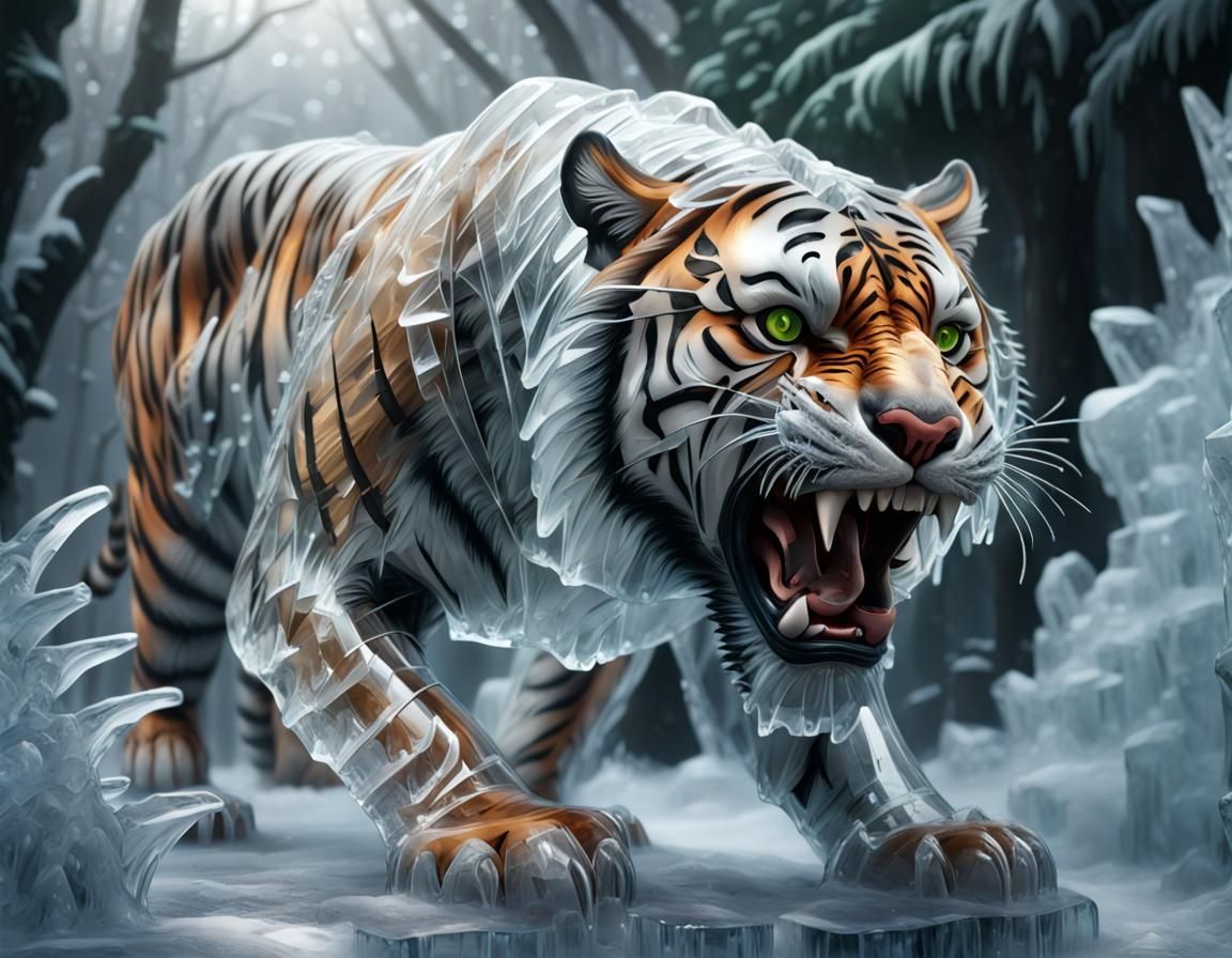 Ice Tiger Sculpture Ready to Pounce