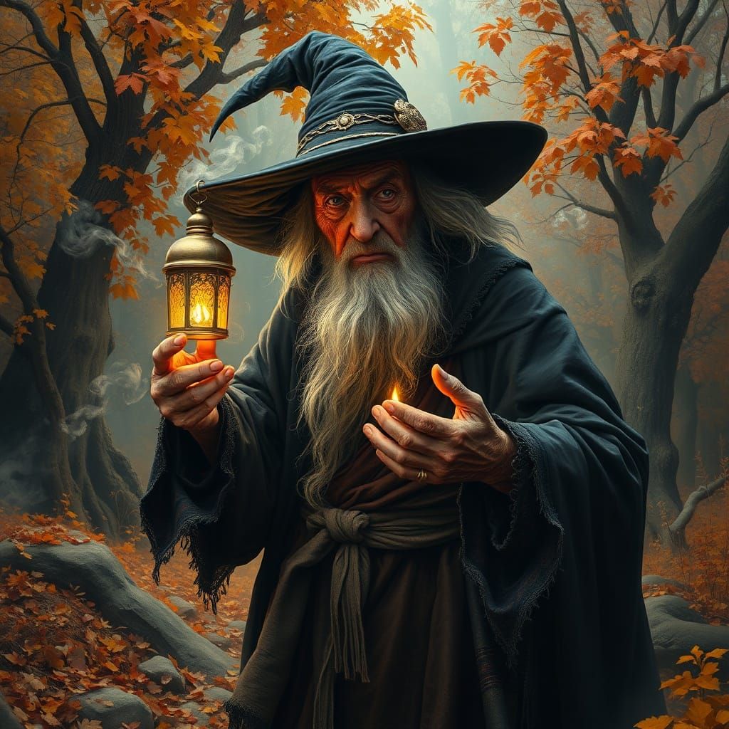 Ancient Witch in Autumnal Landscape, Old-School Oil Painting