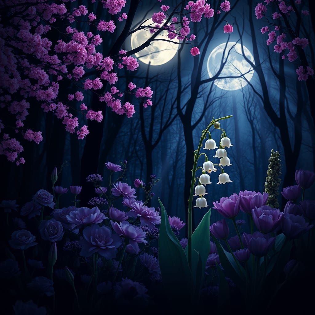 Dreamy Moonlit Garden Blooms with Rich Purple Flowers