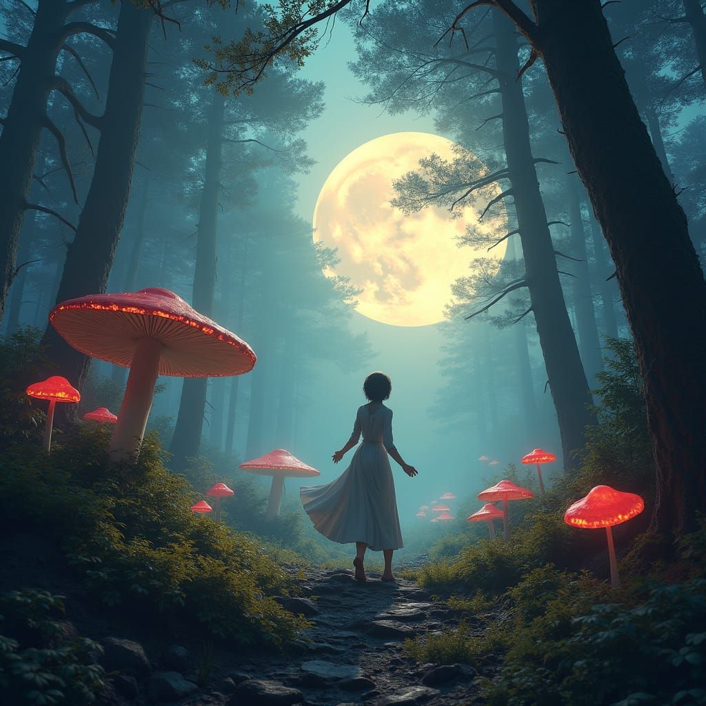 Ethereal Moonlit Dancer in Vibrant Forest