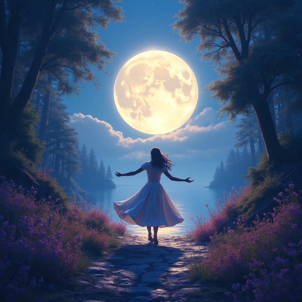 Lone Figure Dances Under Radiant Full Moon in Vibrant Fantas...