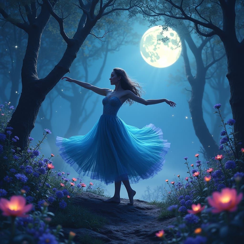 Dancer Twirls Under Vibrant Moonlit Forest Canopy