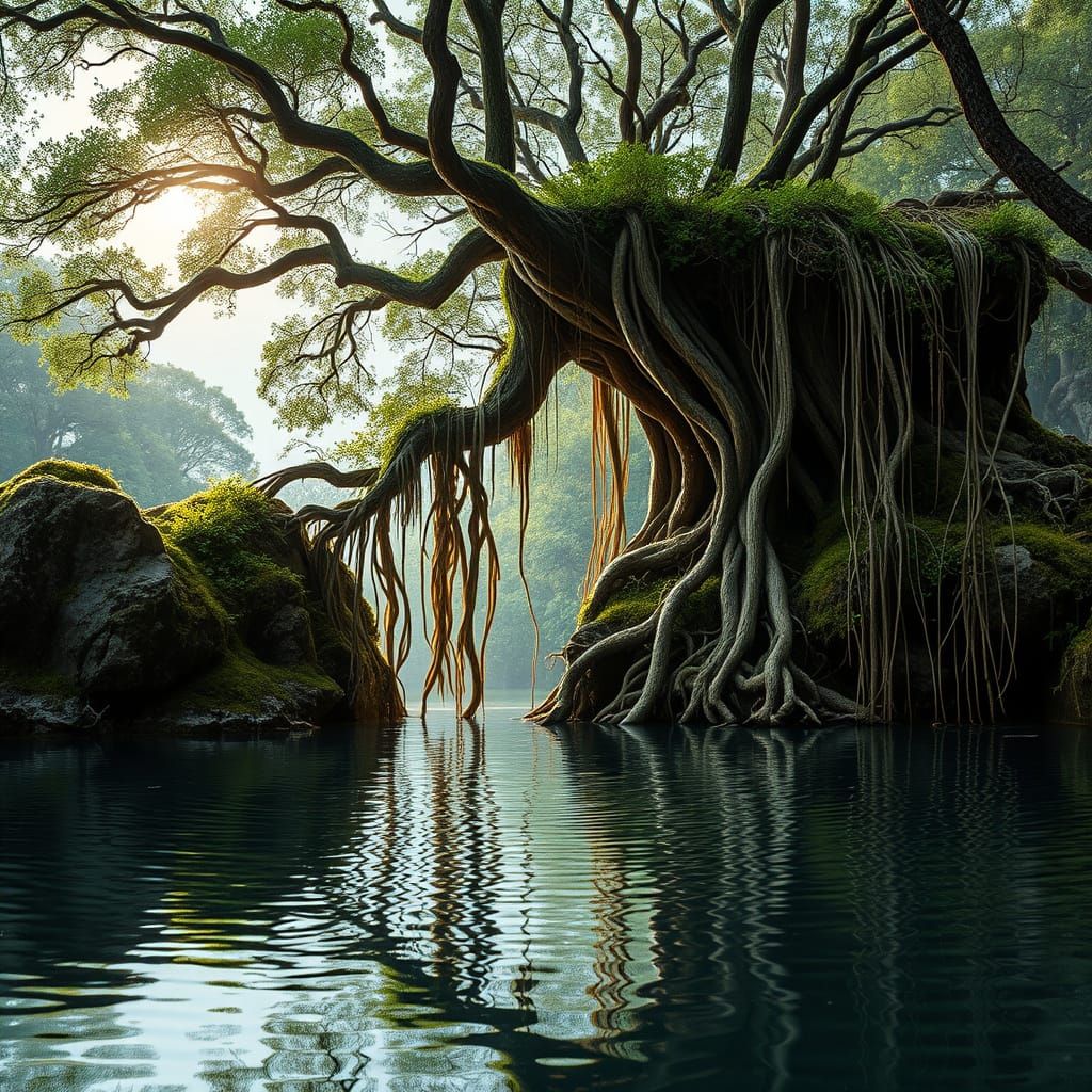 Ancient Bonsai Tree by Reflecting Pool in Moonlight