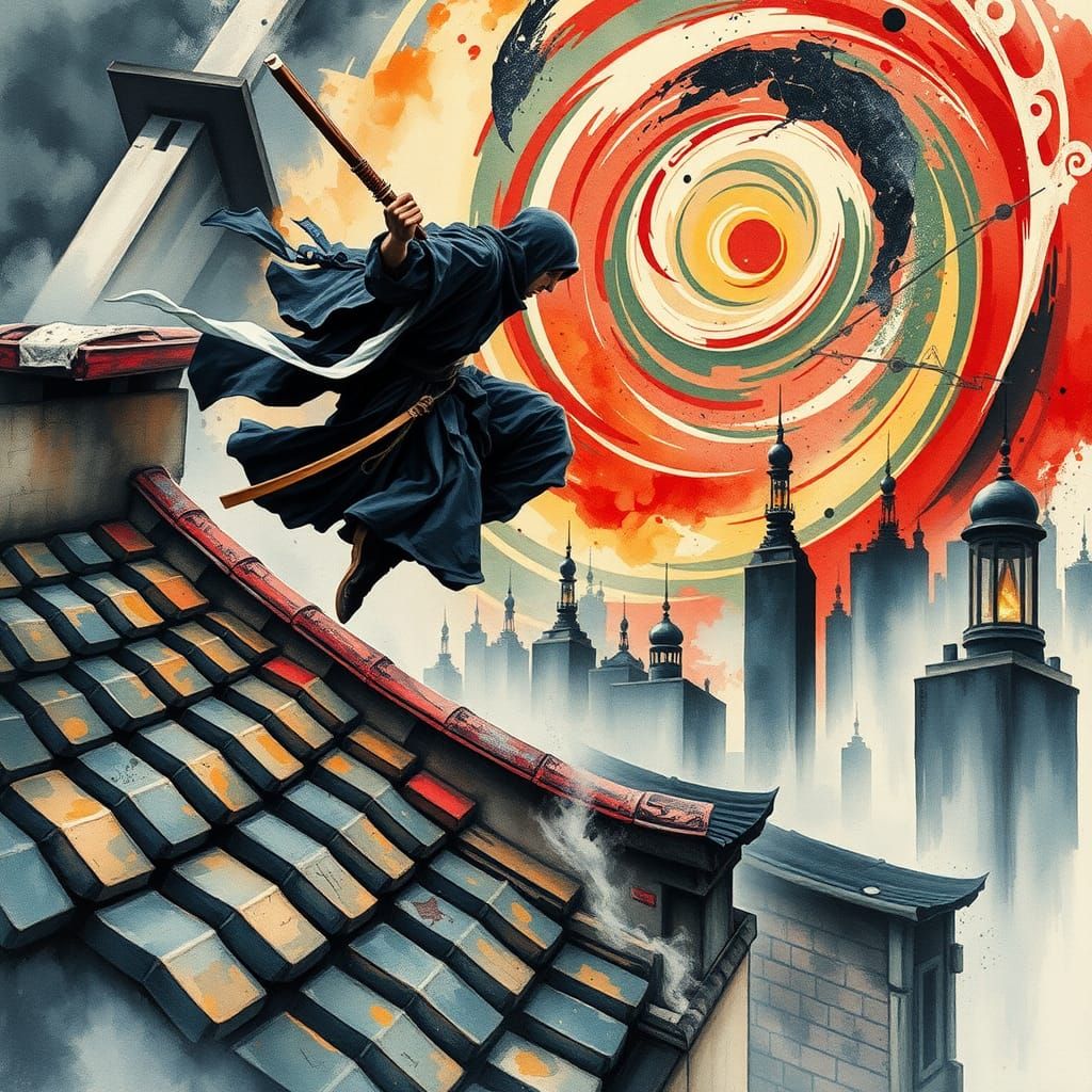 Ninja Leaping Across Tokyo: Surreal Art Deco Fusion