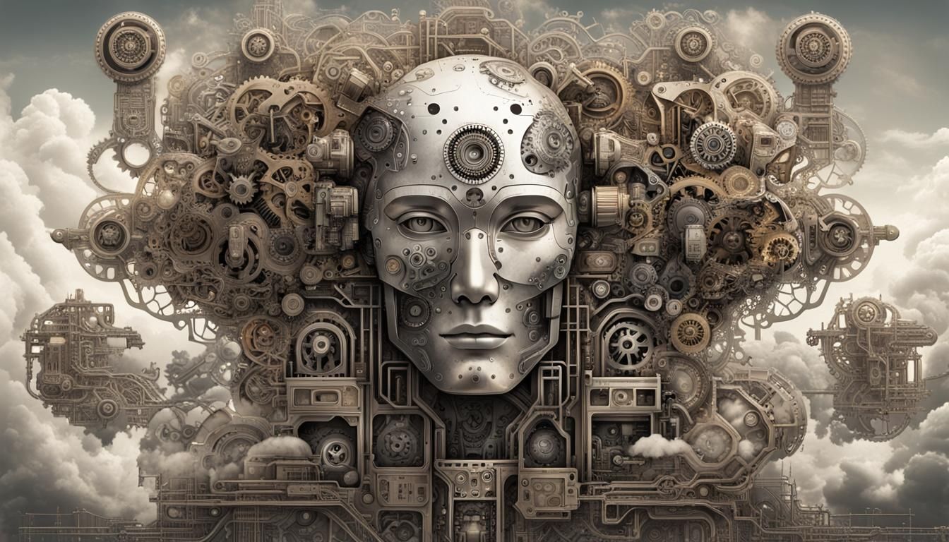 Robotic Face Emerging from Mechanical Cloud: Surreal Digital...