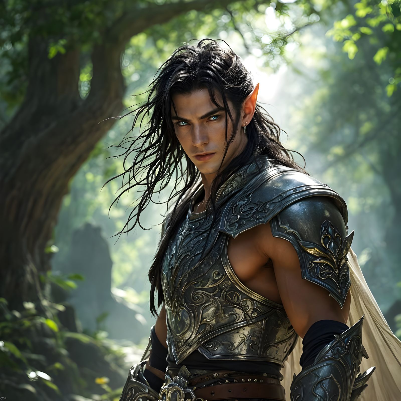 Elf Warrior in Forest Clearing, Art Nouveau Style