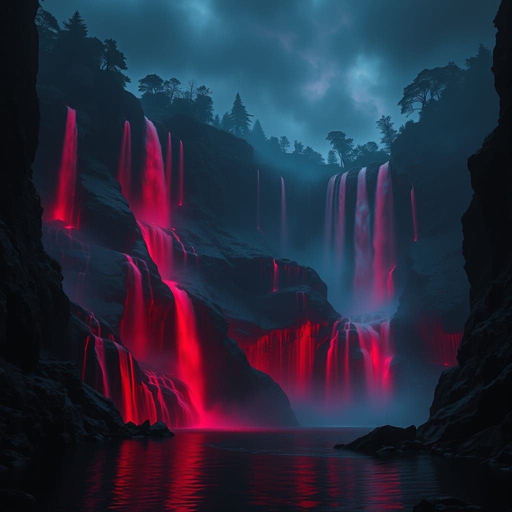 Dark Fantasy Glowing Crimson Waterfall on Jagged Black Cliff...