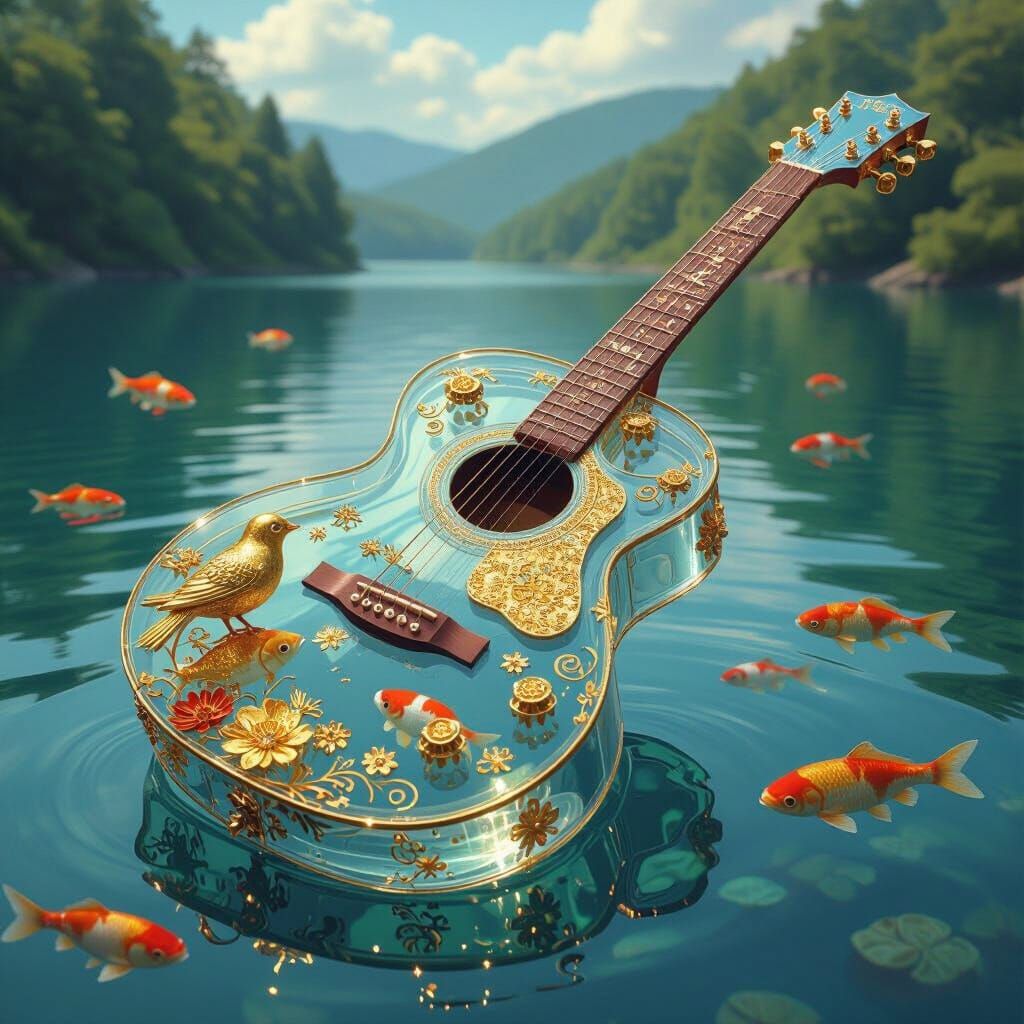 Transparent Guitar with Gold Birds Floating on Serene Lake