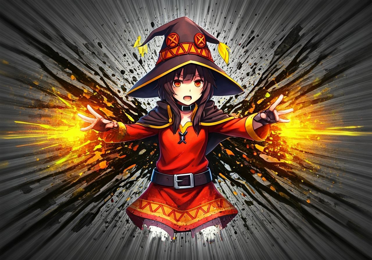 Megumin's Mystical Spellcasting in Mixed-Media Style