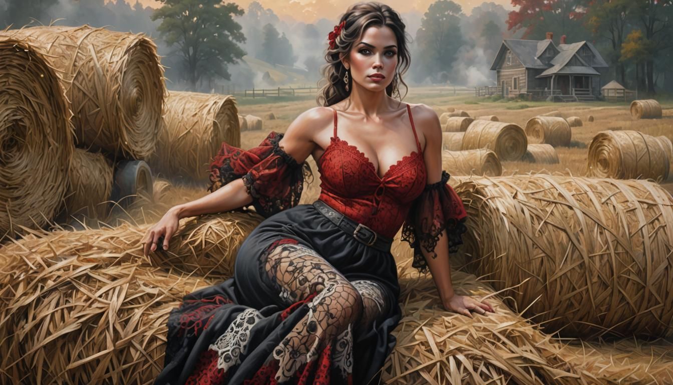 Woman in Lace Leans on Hay Bale in Ethereal Style