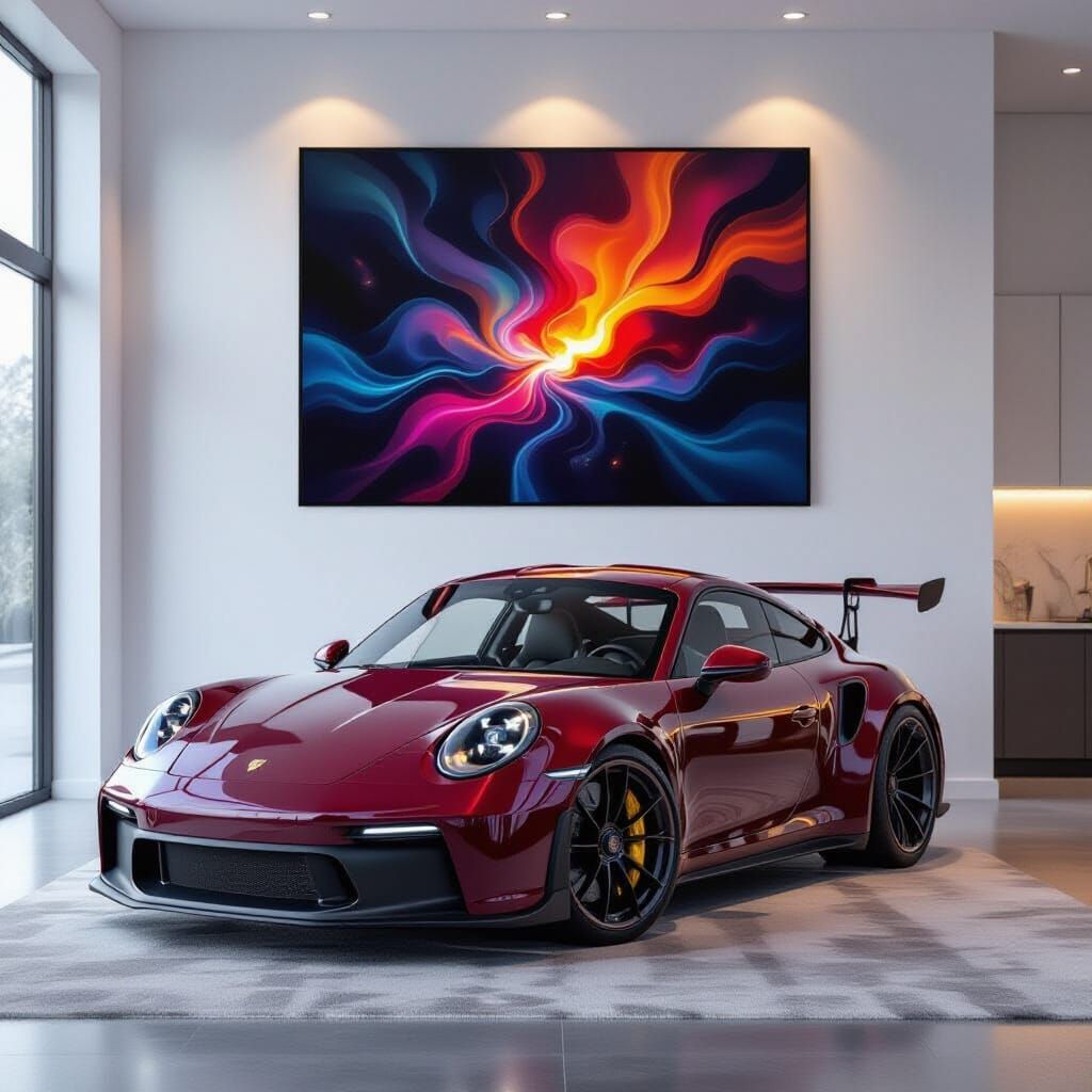 Maroon Porsche 911 GT3 Art in Luxury Living Room
